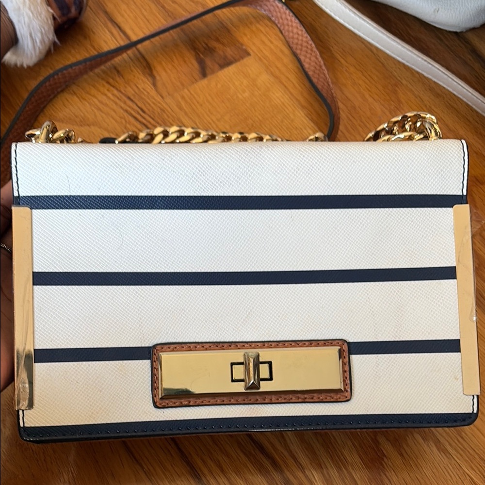 Stylish White and Blue Striped Bag with Gold Accents